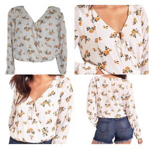 HOLLISTER Co. Long Sleeves Floral Wrap Style Tie Front Cropped Blouse